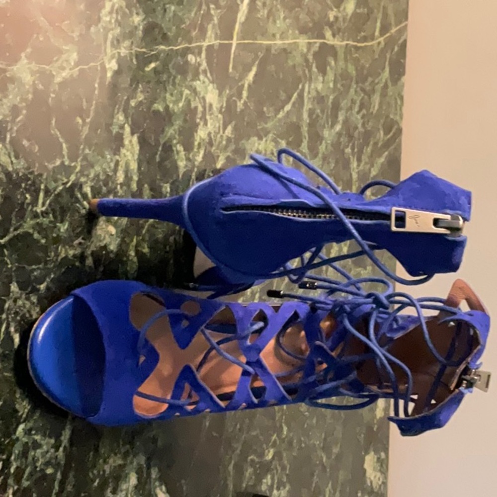 Royal blue suede lace up with zipper back sandal heel size 7